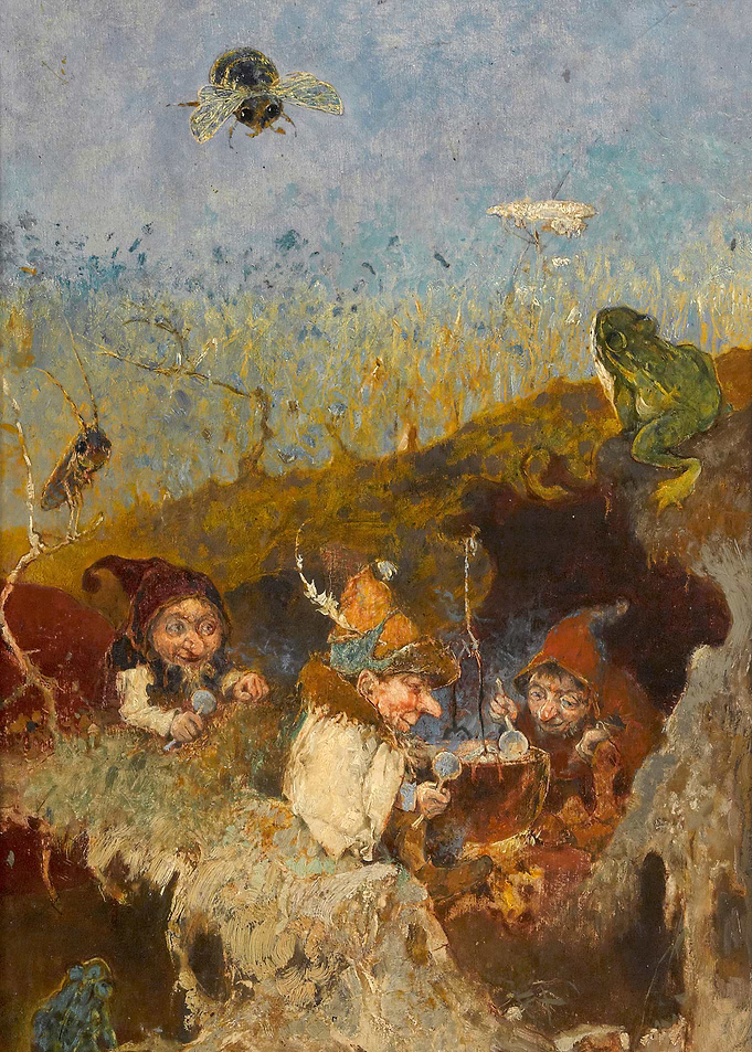 Gnomes cooking with a frog and insects