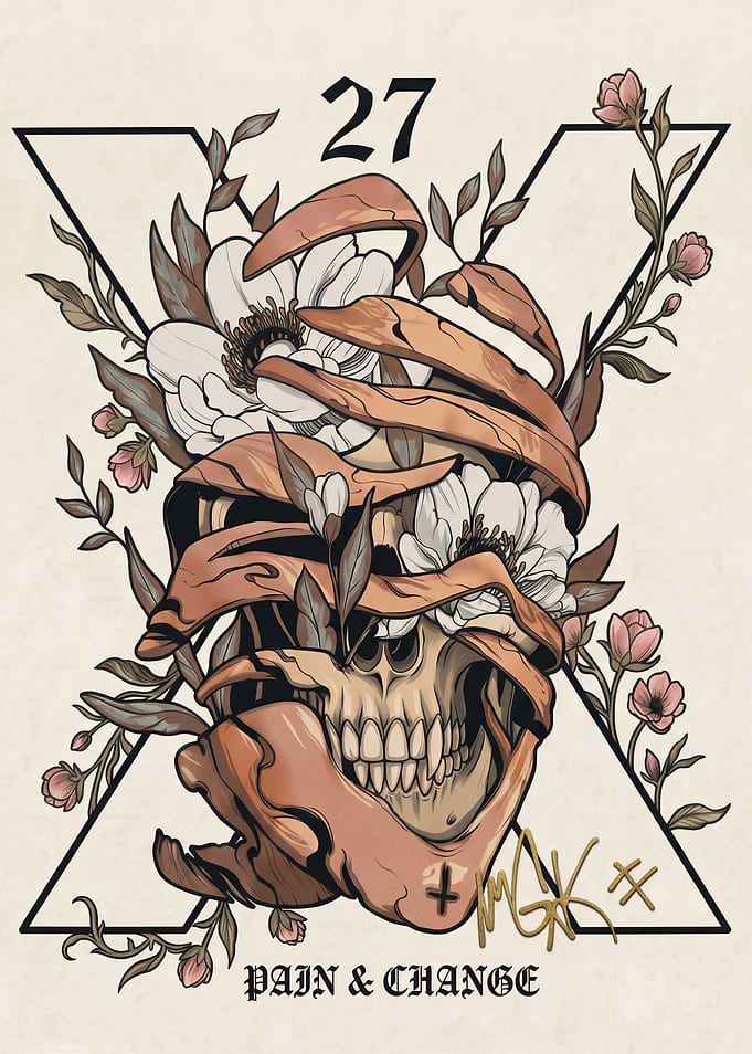 MGK Skull with Flowers and Ribcage