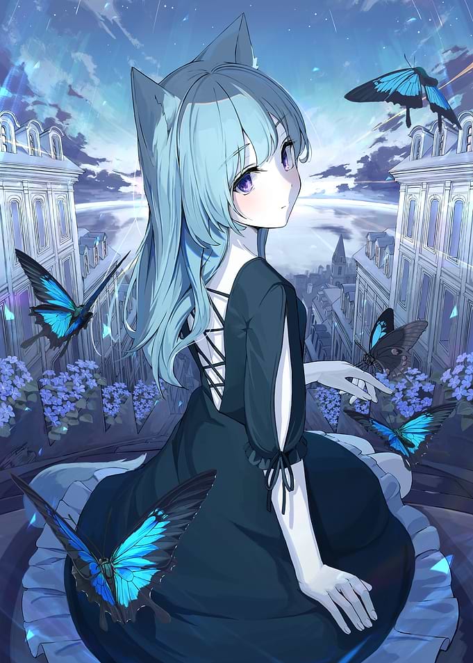 Girl with Cat Ears and Butterflies