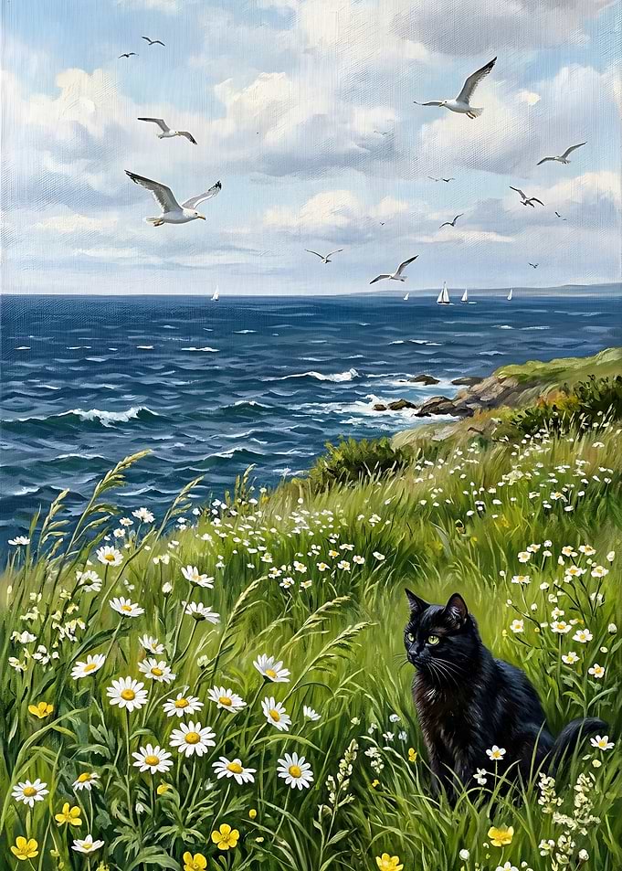 Black Cat in a Field of Daisies by the Sea