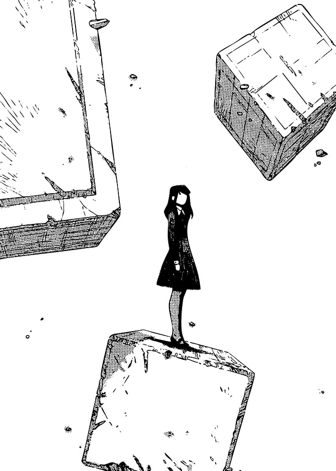 Girl Standing on Cube Amidst Floating Blocks
