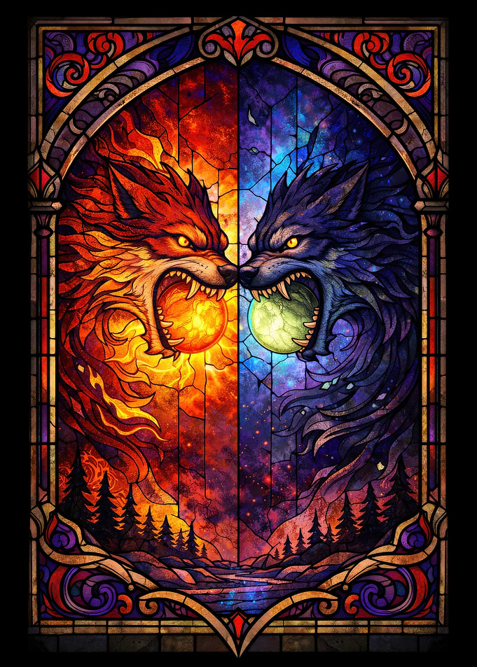 Stained Glass Wolves of Fire and Ice
