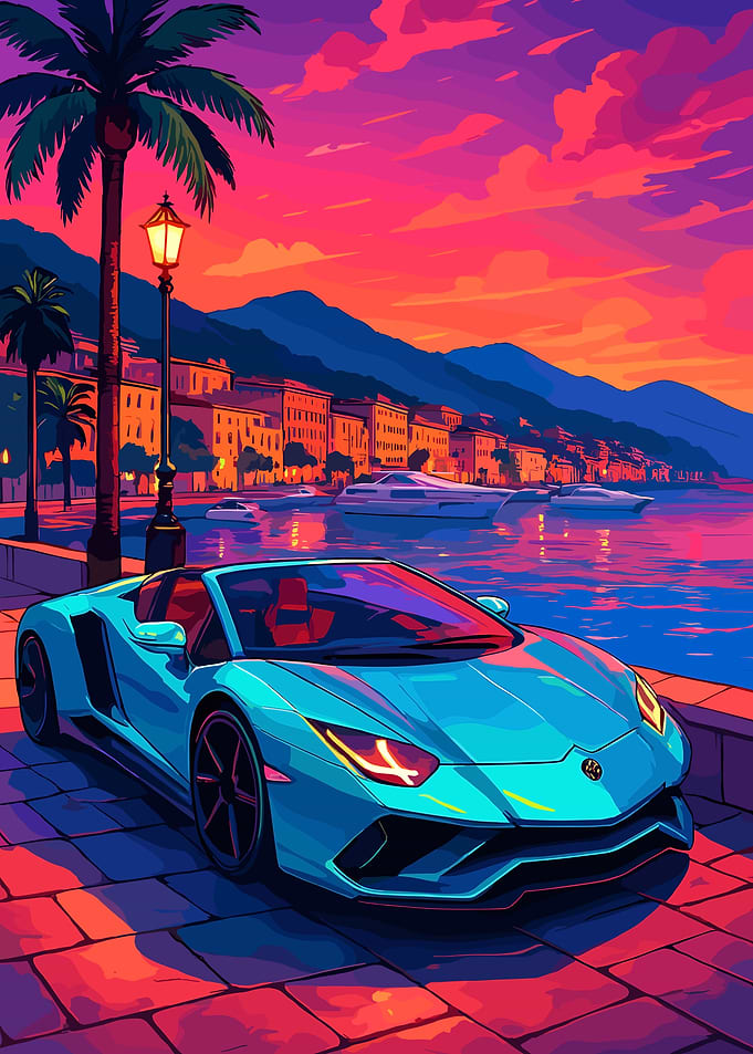 Luxury Sports Car by the Sea at Sunset