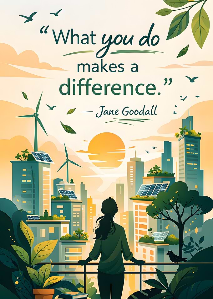 Eco-friendly city with inspirational quote