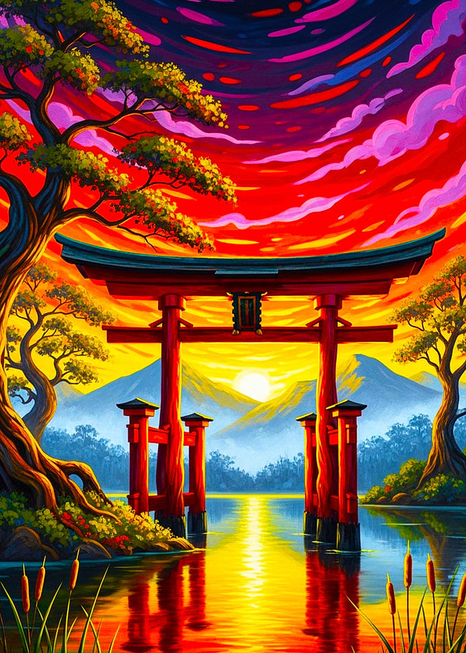 Japanese Torii Gate at Sunset
