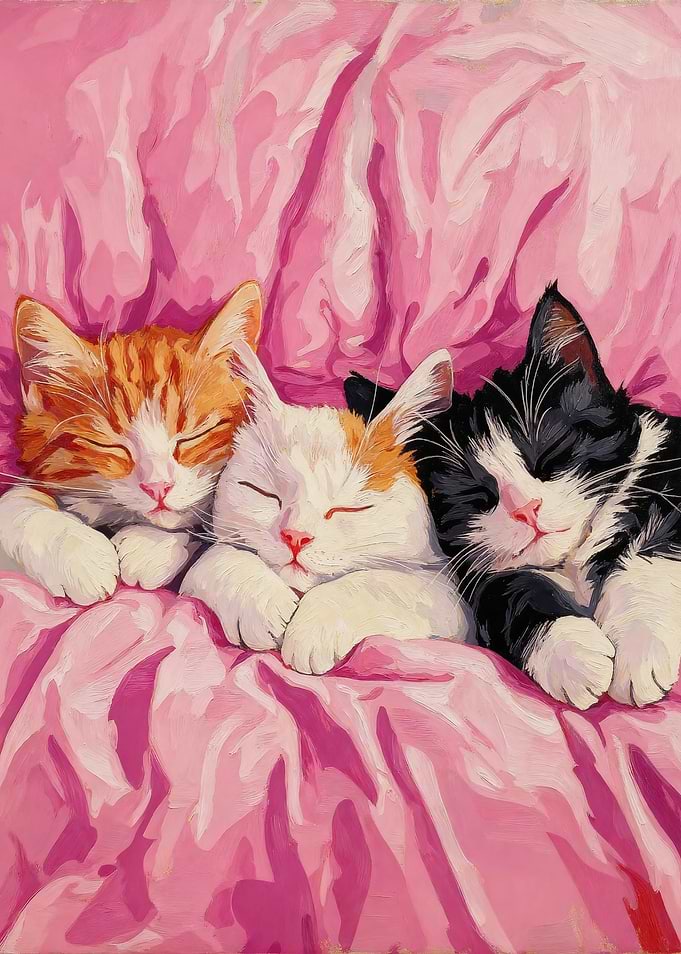 Three Kittens Sleeping on Pink Blanket