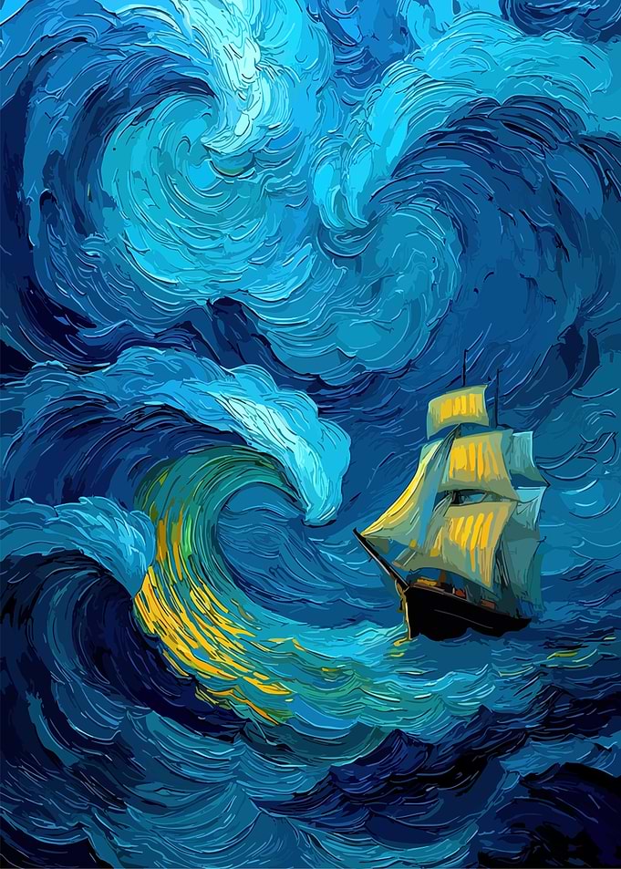 Ship Sailing Through Stormy Seas