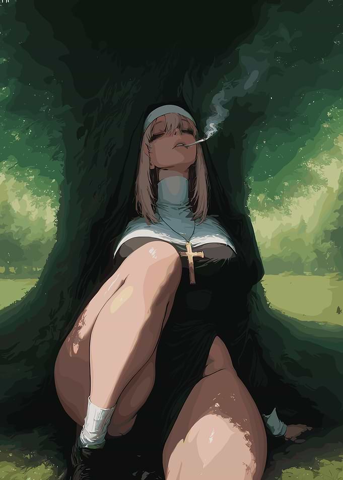 Nun Smoking Under a Tree