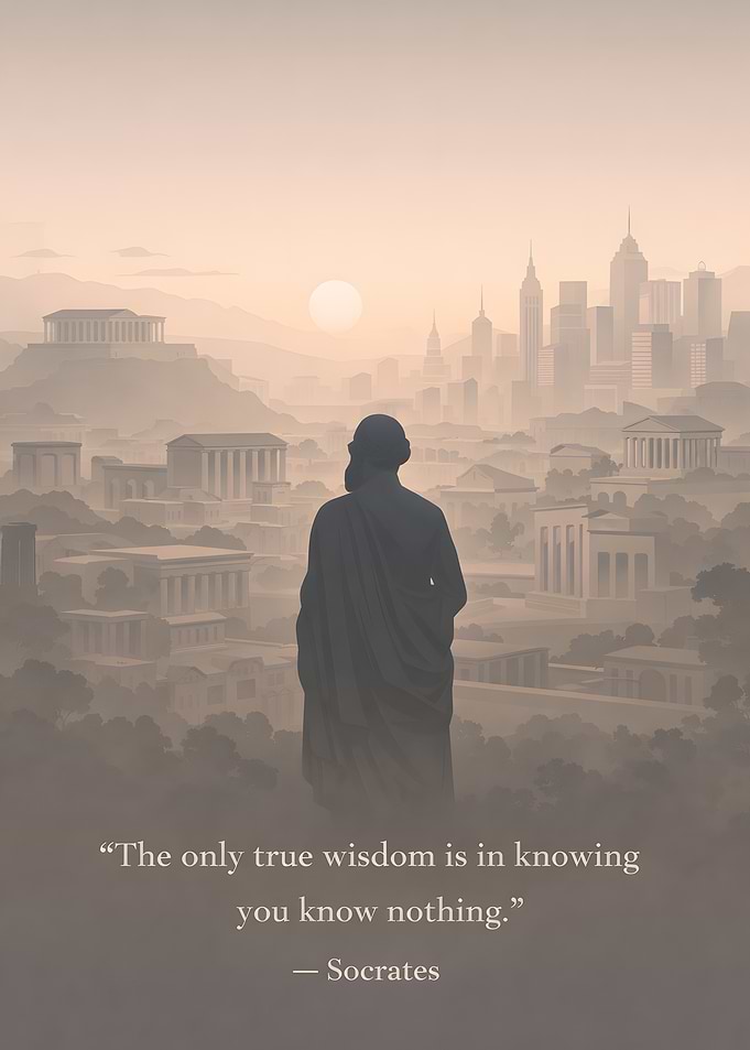 Socrates overlooking ancient and modern city