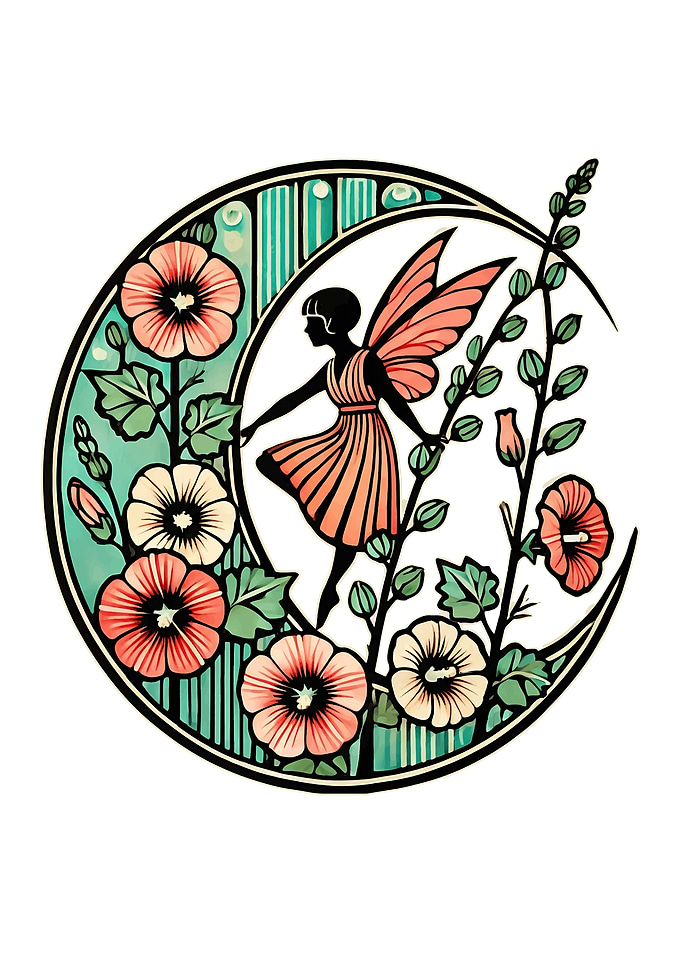 Fairy in a Crescent Moon with Flowers