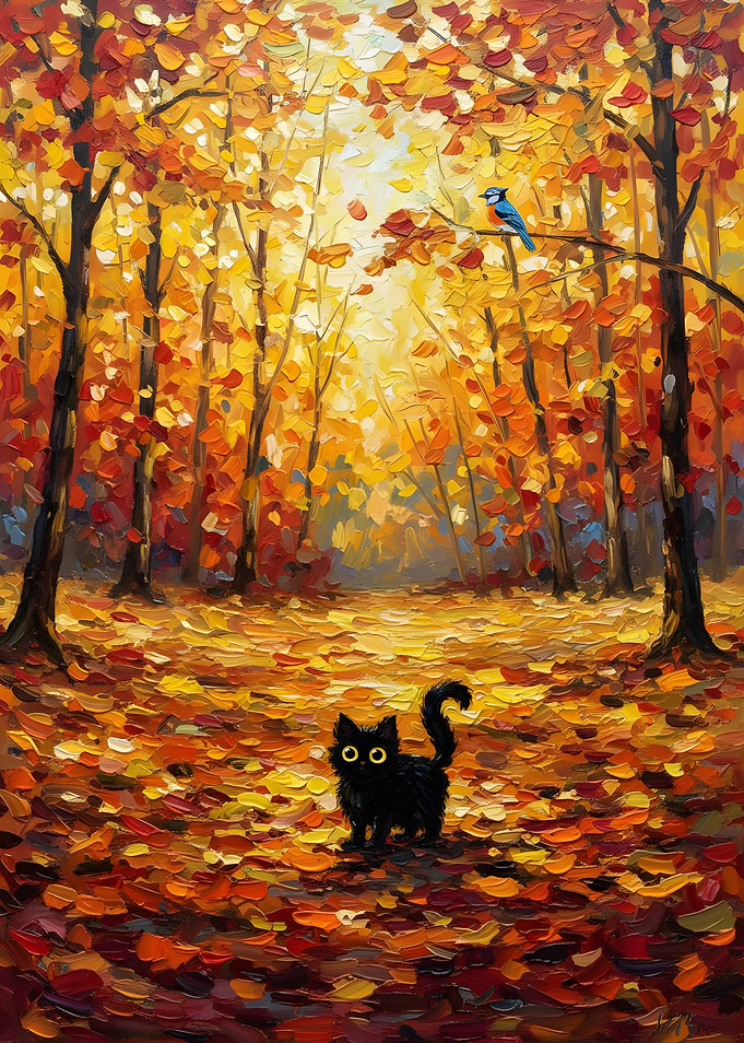 Curious Black Cat and Blue Jay in Autumn Forest