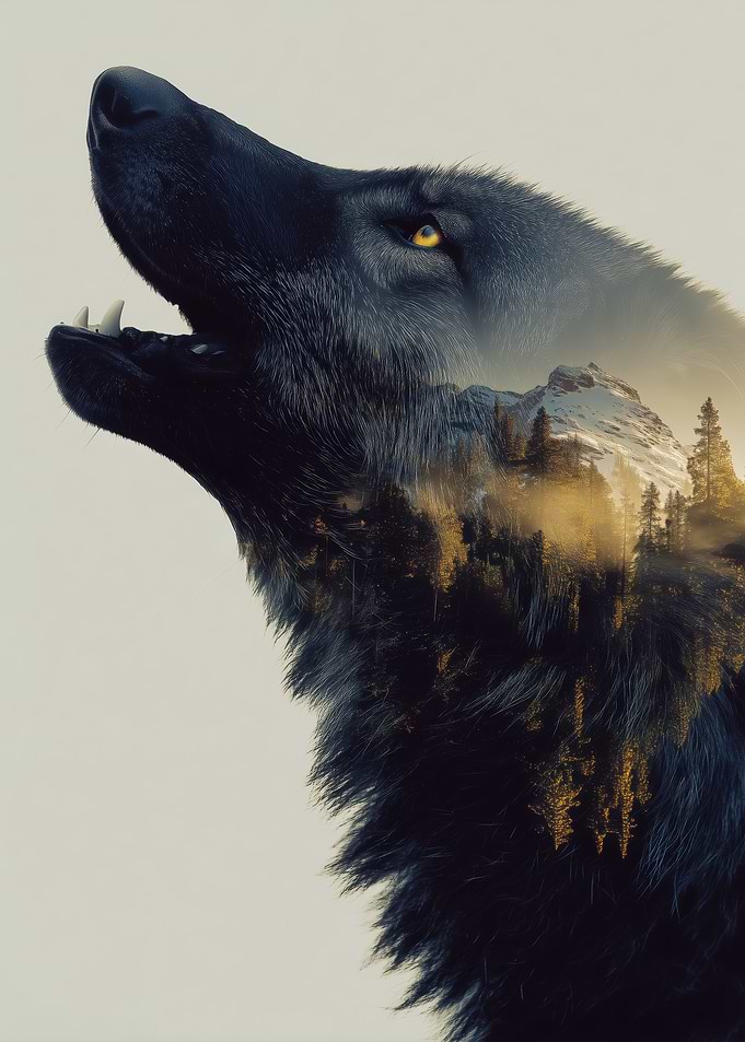 Double Exposure Wolf and Mountain Landscape