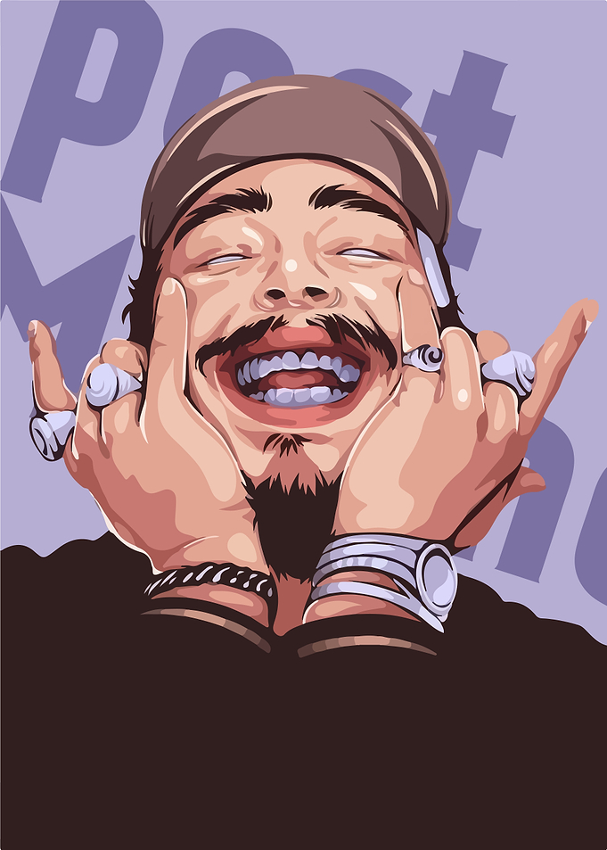 Post Malone laughing with hands on face