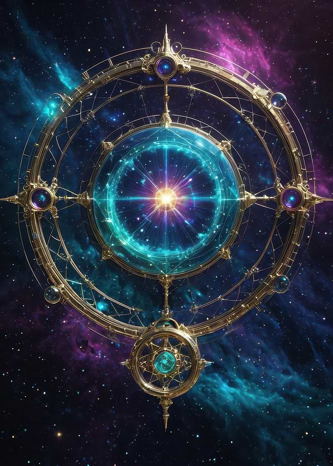 Golden Celestial Astrolabe with Glowing Orb — Cosmic Digital Illustration