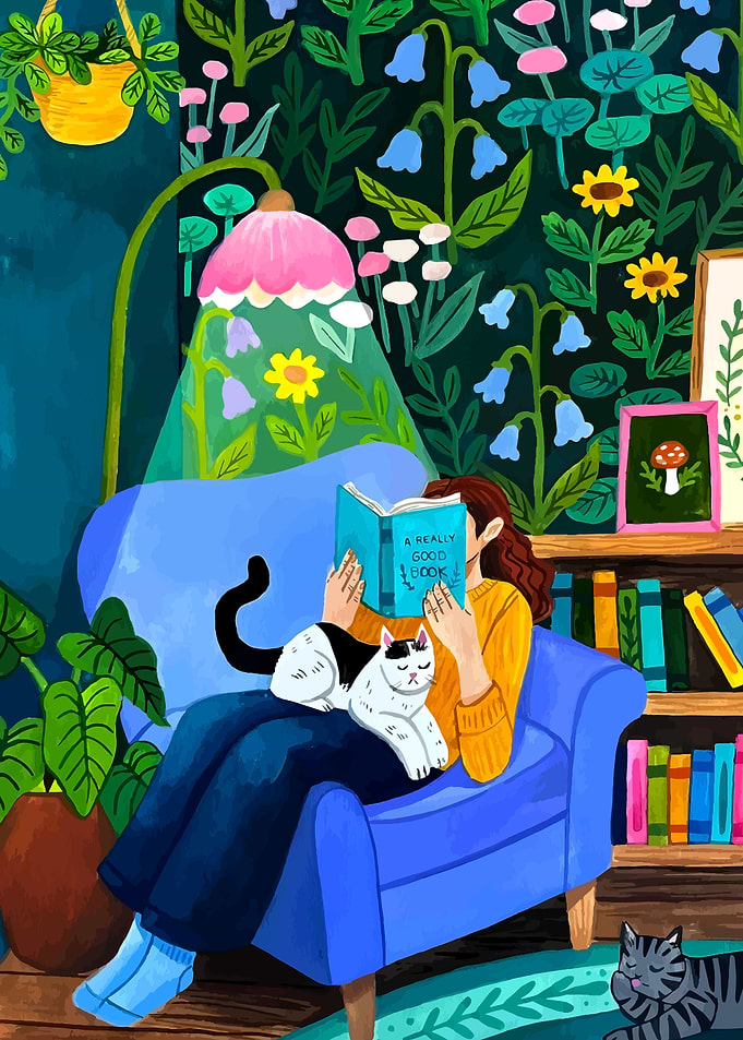 Cozy Reading Nook with Cats and Books