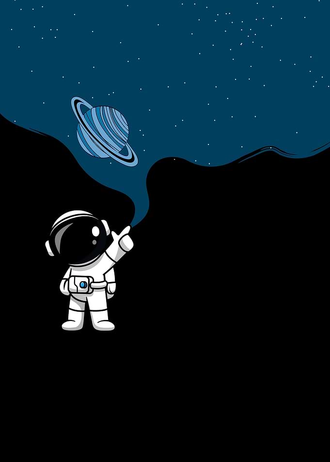 Astronaut pointing at Saturn in space