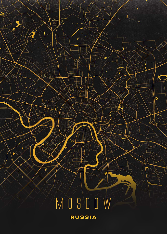 Moscow, Russia - Golden City Streets Map, Wall Art Print