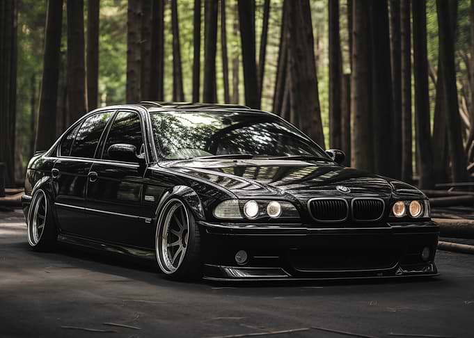 Black BMW E39 in a forest
