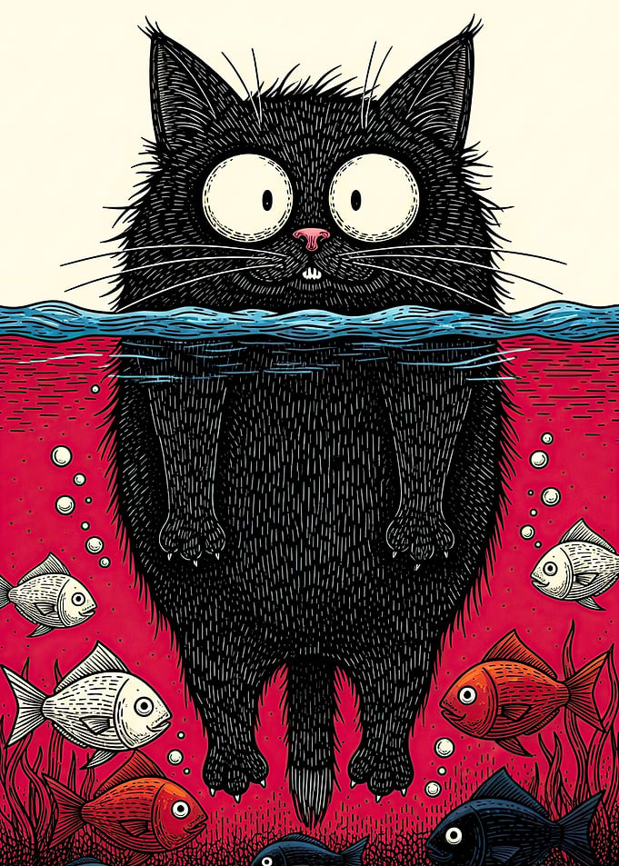 Black Cat in Water with Fish