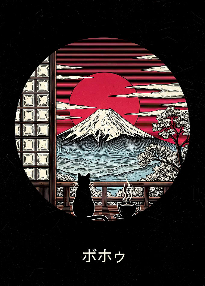 Cat overlooking Mount Fuji with coffee