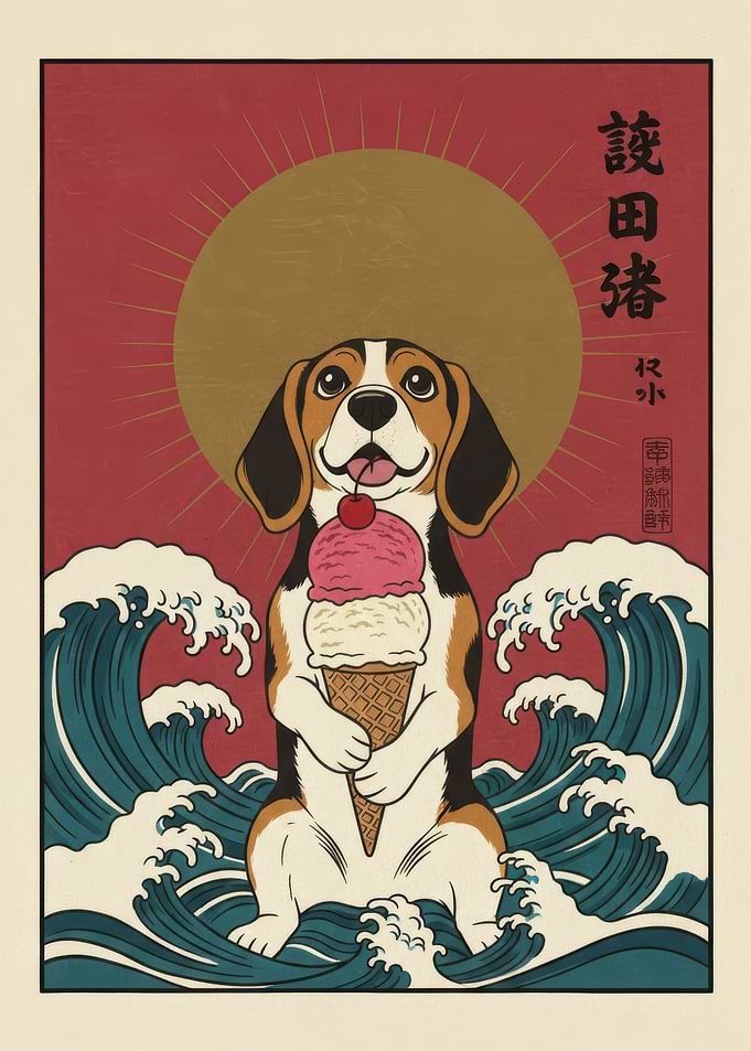 Beagle Dog with Ice Cream and Waves