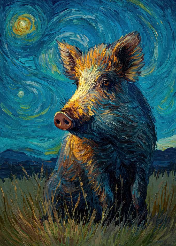 Wild Boar in Starry Night Style