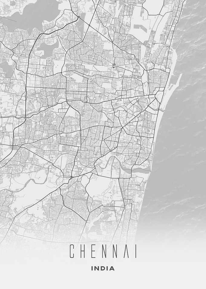 Chennai, India - Minimal White Coastal City Streets Map, Wall Art Print