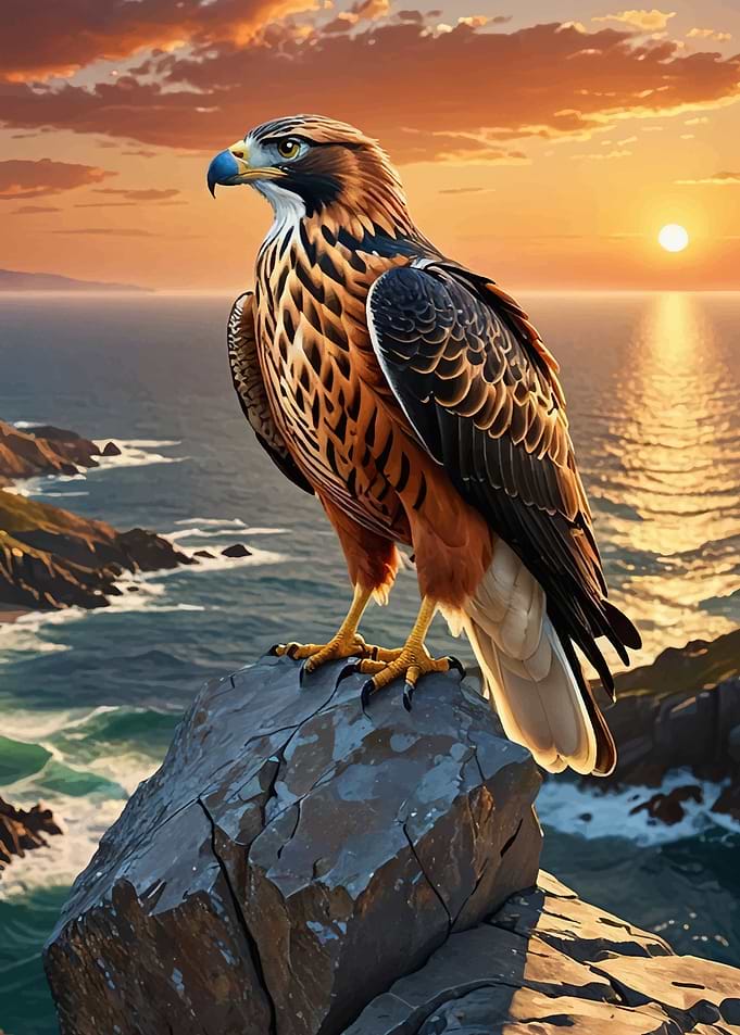 Eagle perched on a rock at sunset