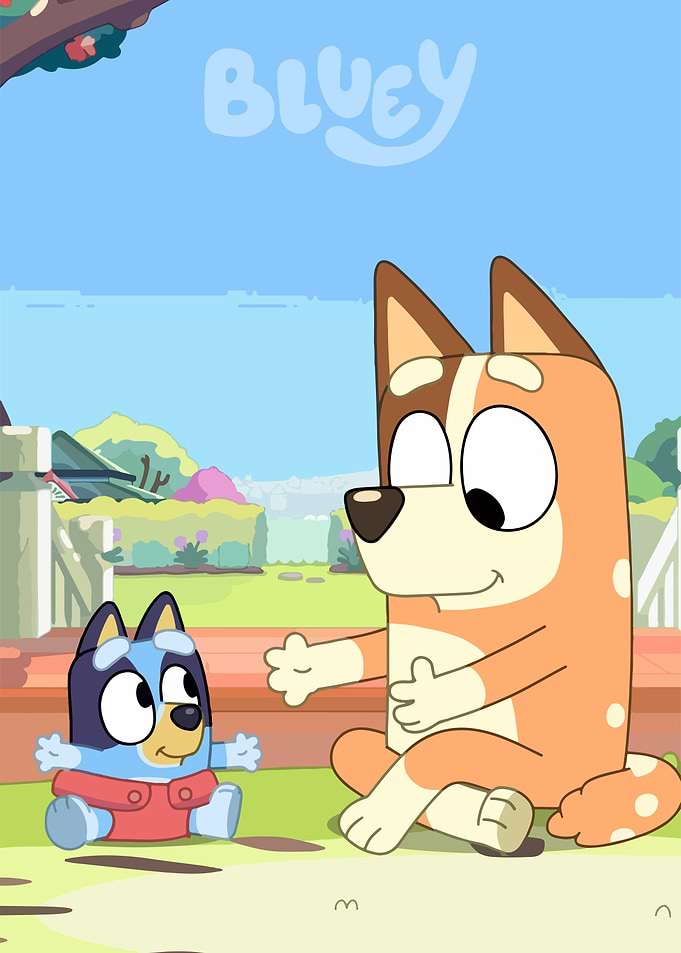 Bluey and Bingo playing outside