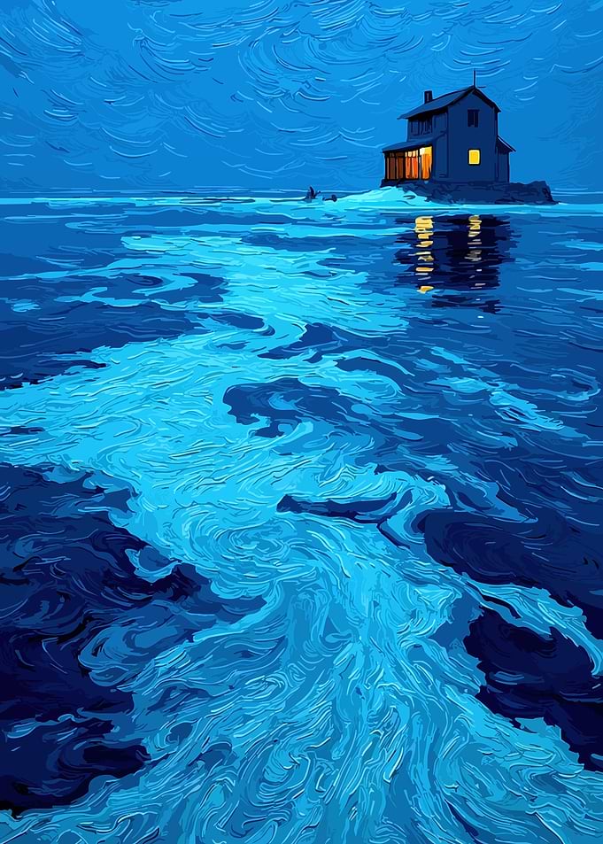 House on a rocky island in blue water