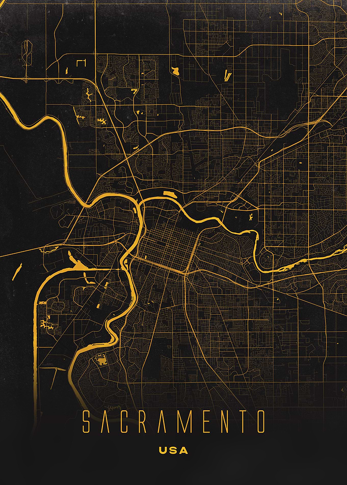 Sacramento, California - Golden City Streets Map, USA Wall Art