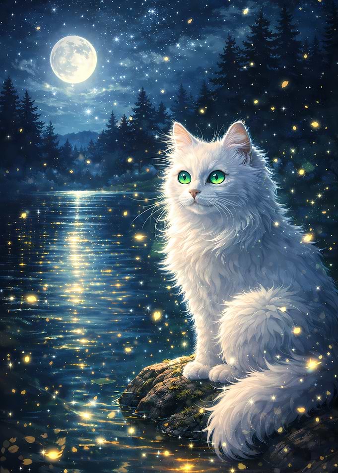 Enchanting White Cat by Moonlit Lake