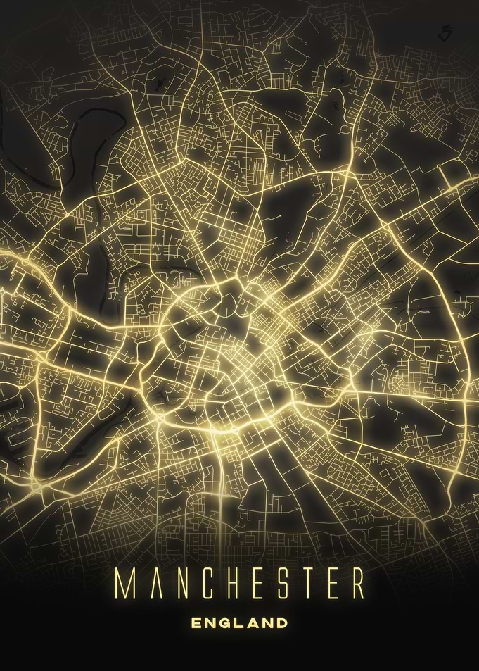 Manchester, England - Illuminated City Streets Map, Wall Art Poster