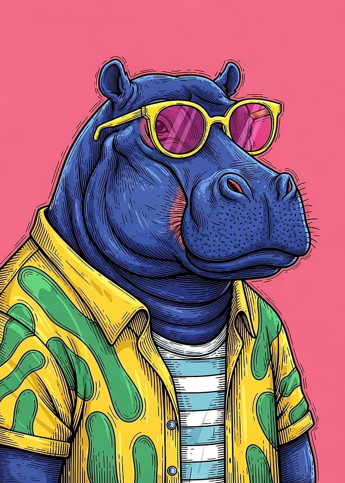 Cool Hippo Wearing Sunglasses and Hawaiian Shirt