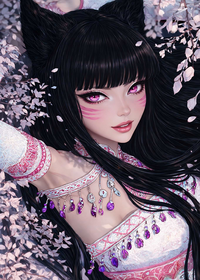 Kitsune-inspired portrait with cherry blossoms