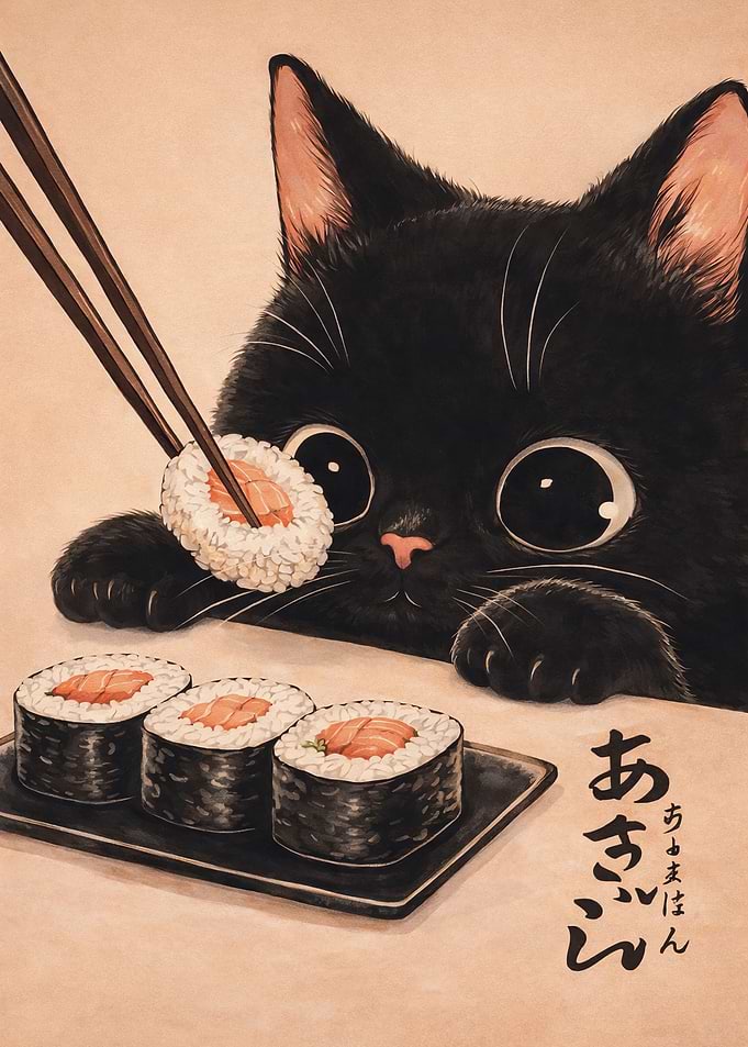 Black Cat Eating Sushi