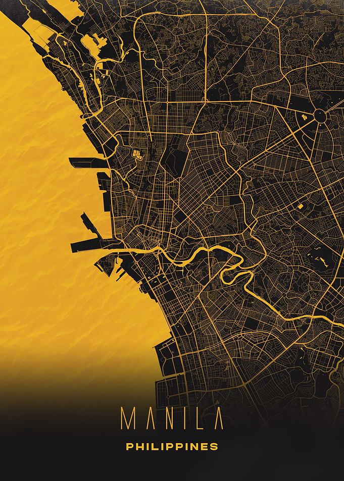 Manila, Philippines - Golden City Streets Map, Wall Art