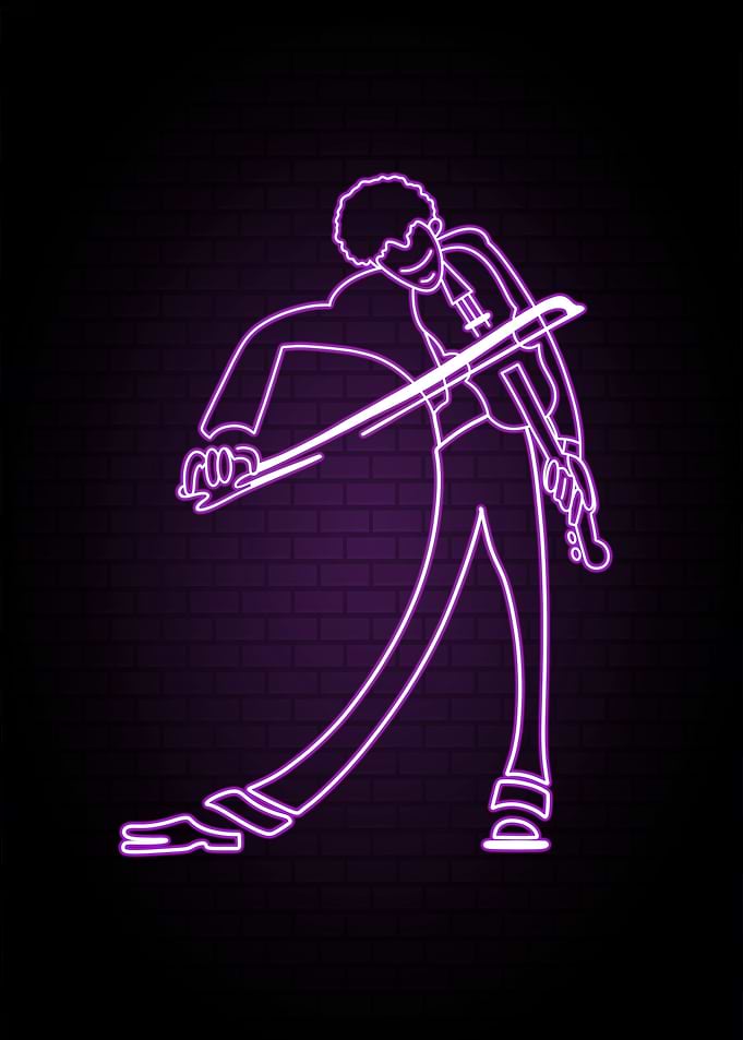 Neon Violinist on Brick Background