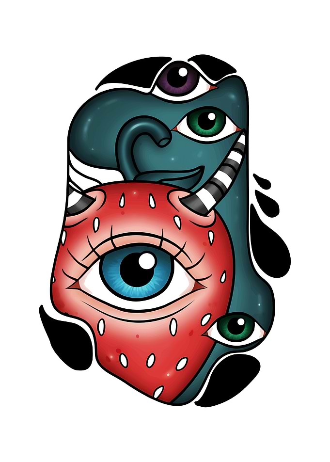 Surreal Strawberry and Eyes Illustration