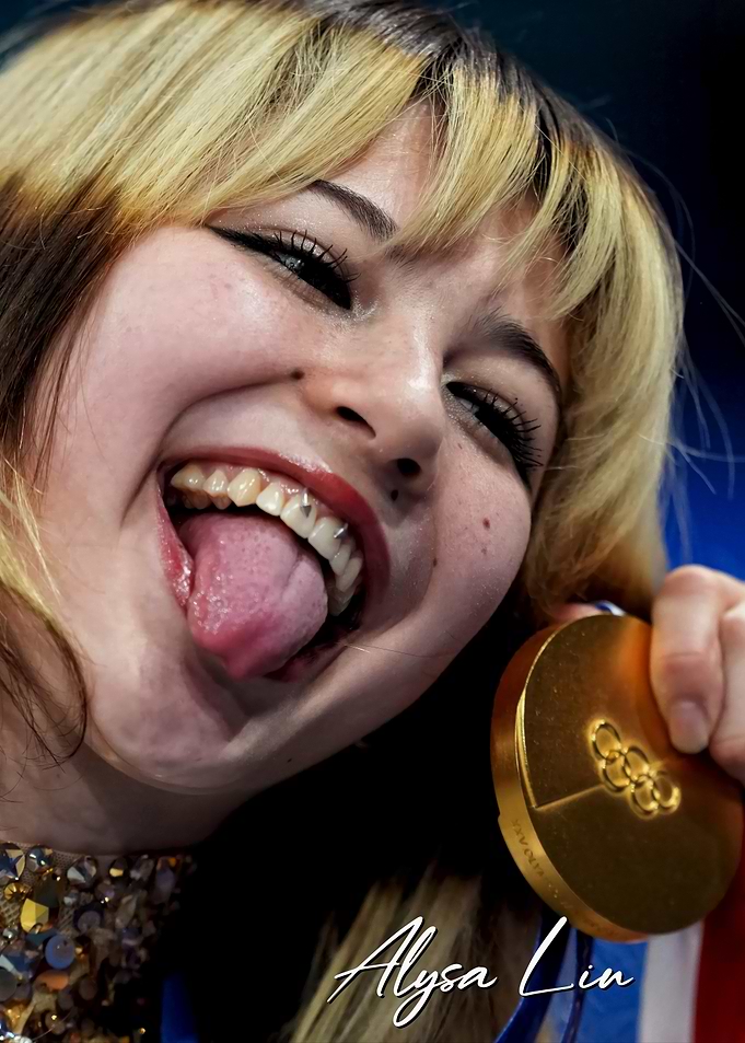 alysa liu with Gold Medal and Tongue Out