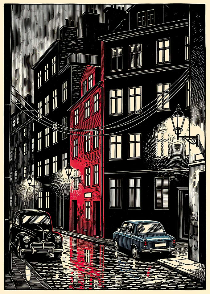Night street scene with vintage cars