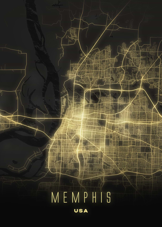 Memphis, Tennessee - Illuminated City Streets Map, USA Wall Art Poster