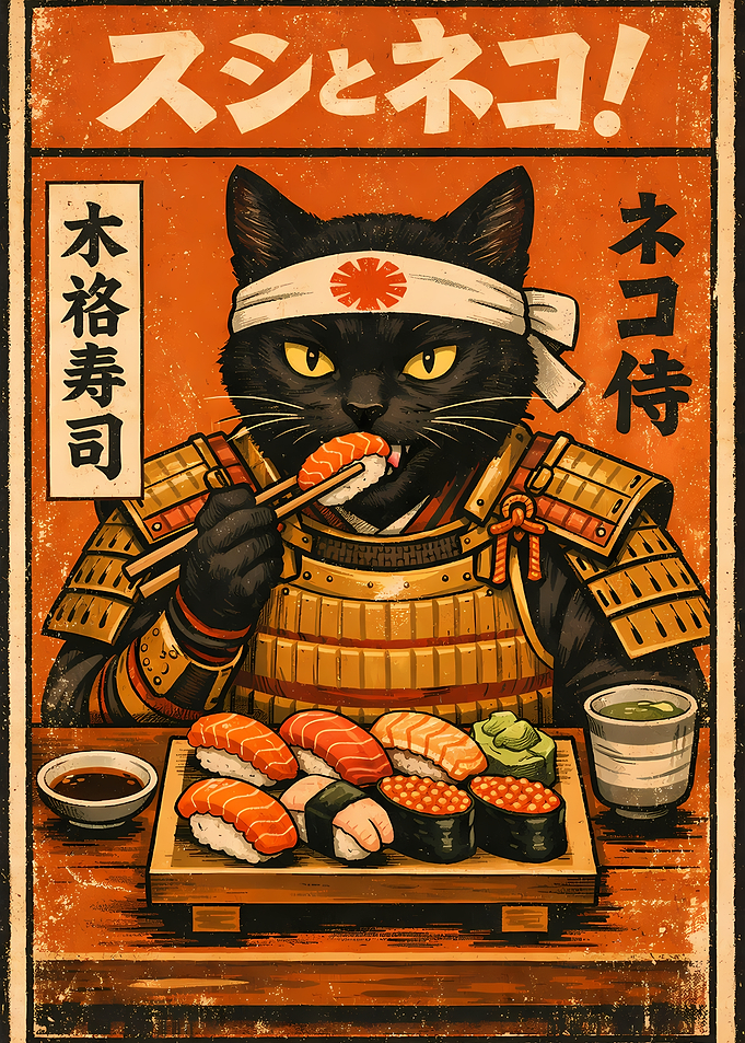 Samurai Cat Eating Sushi