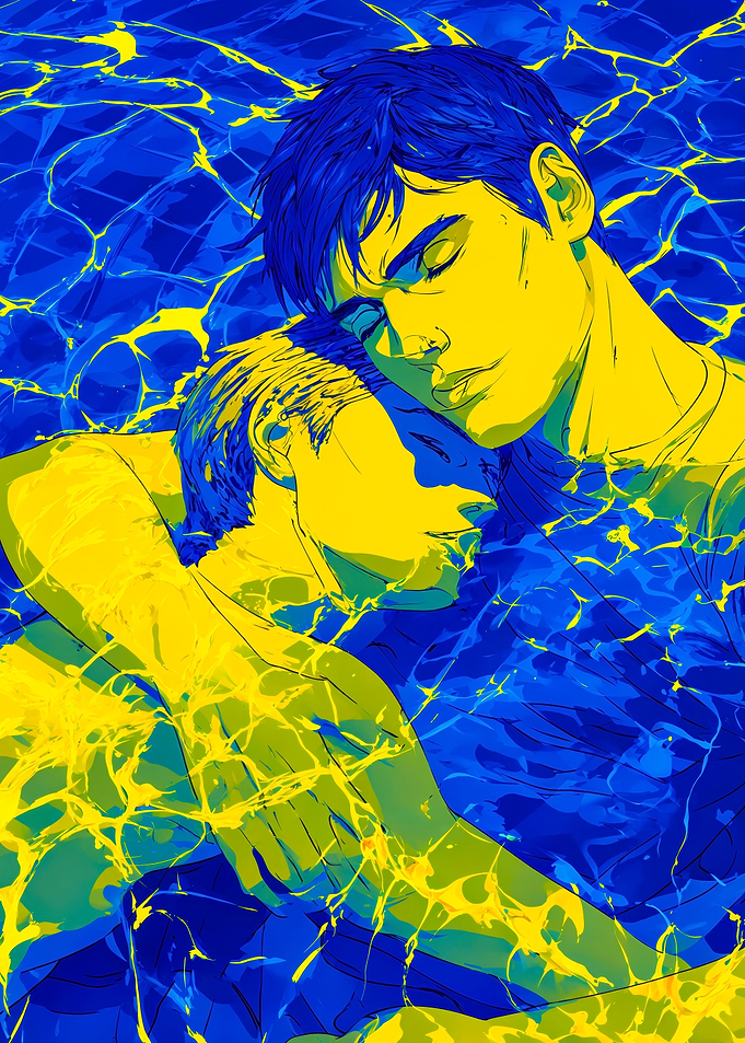 Blue Yellow Male Couple Embrace