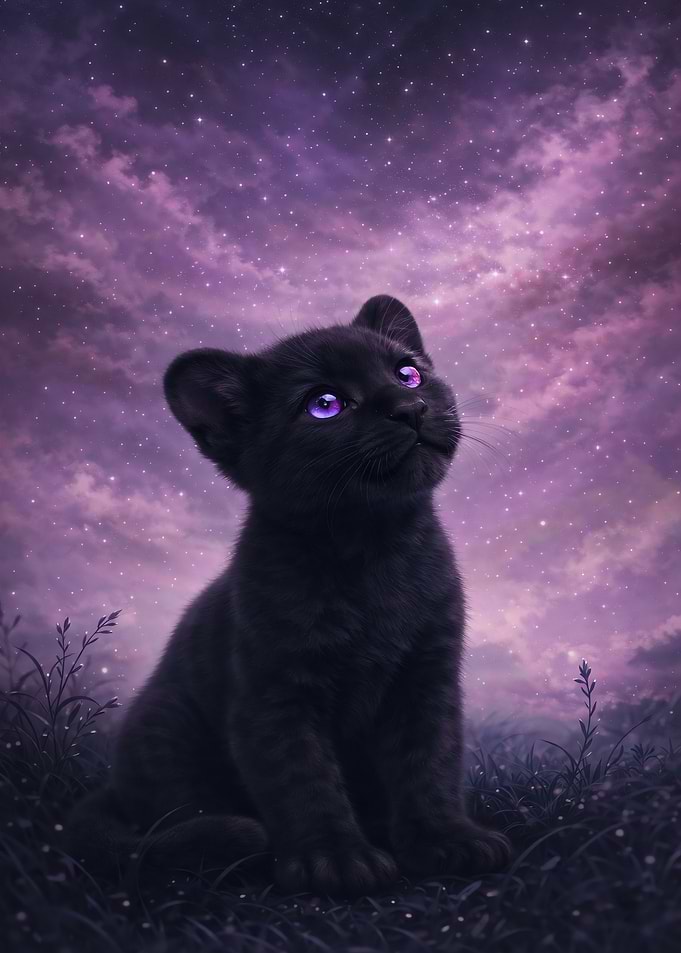 Cute Black Panther Kitten Under Starry Sky