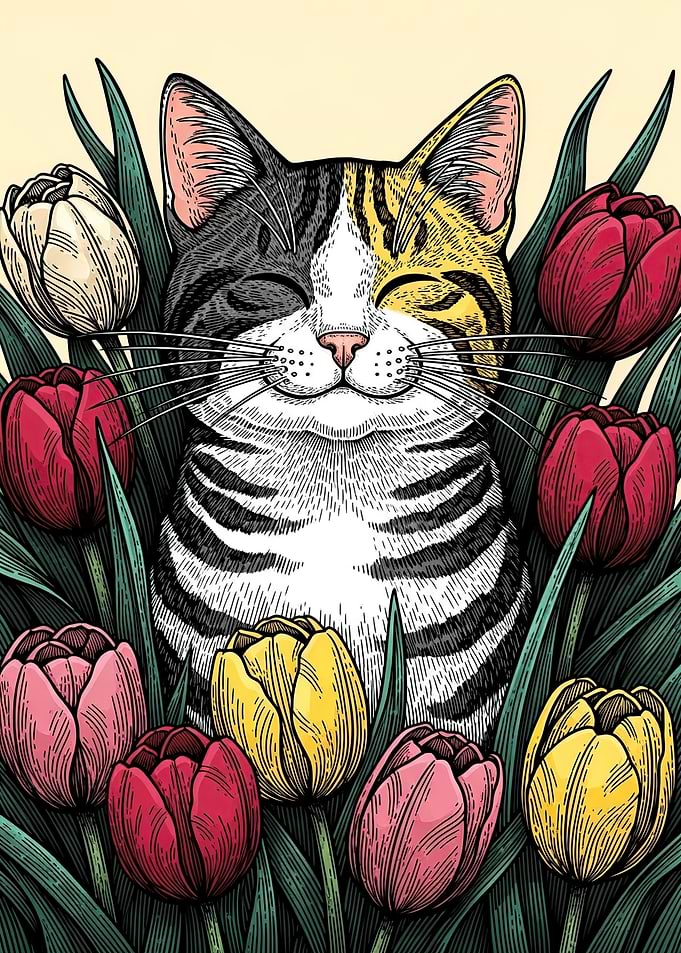 Cat in Tulips