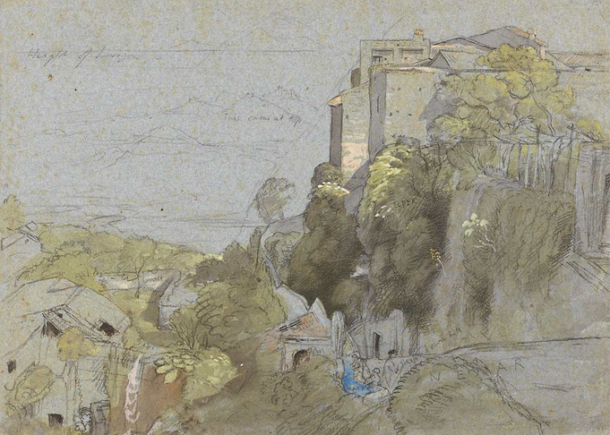Watercolor landscape of a cliffside village
