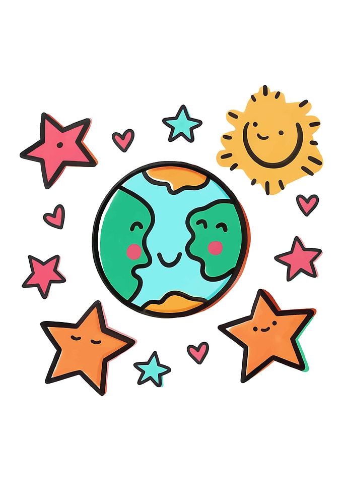 Cute Earth, Sun, and Stars Illustration