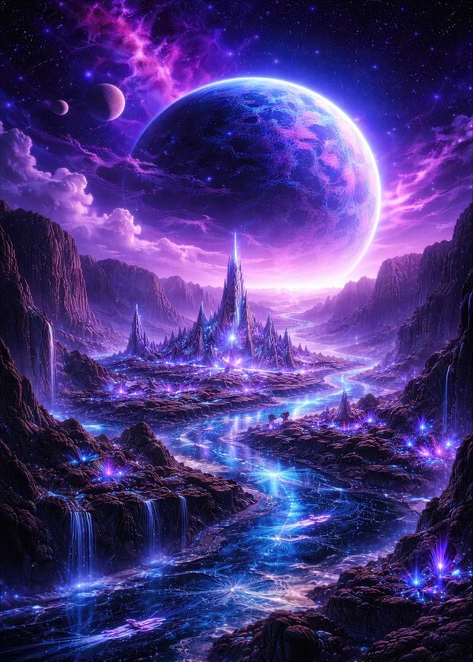 Alien Planet Landscape with Giant Moon