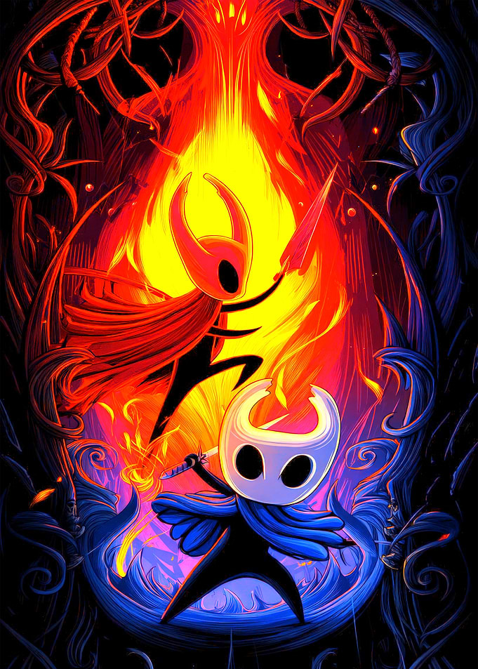 Hollow Knight and Hornet in Fiery Battle